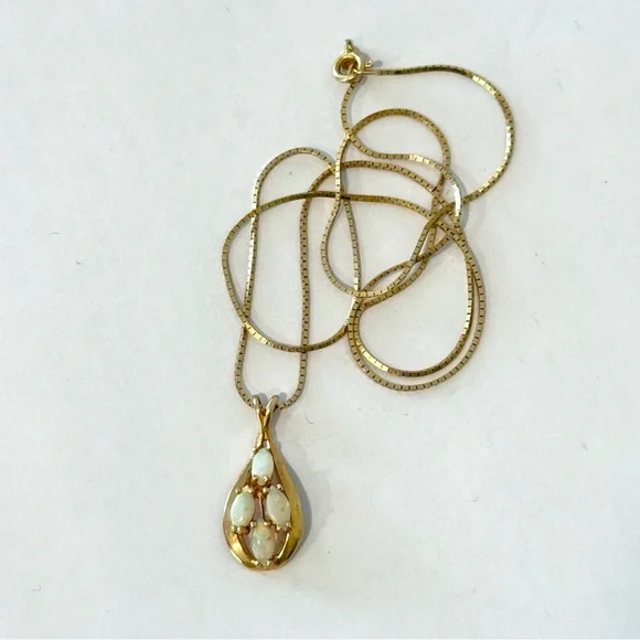 14k Plumb Yellow Gold Estate Multi Marquise Cut Fire Opal Pendant & Chain 18”